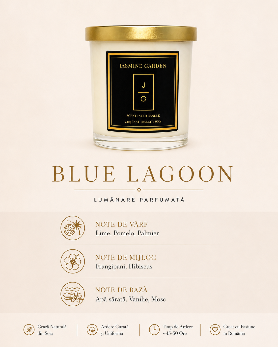 Lumânare parfumată Blue Lagoon Jasmine Garden cu note de lime, pomelo, frangipani, hibiscus, apă sărată și vanilie.