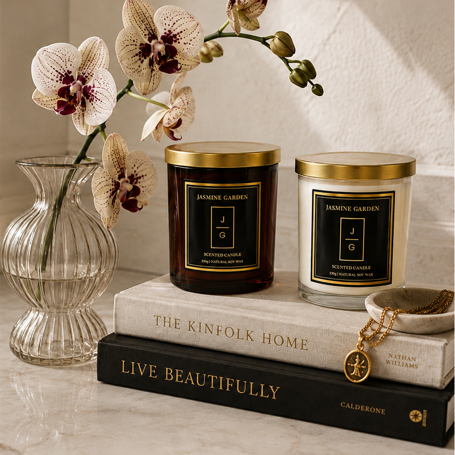 Două lumânări parfumate Jasmine Garden din ceară naturală de soia, prezentate într-un decor elegant cu orhidee și cărți.