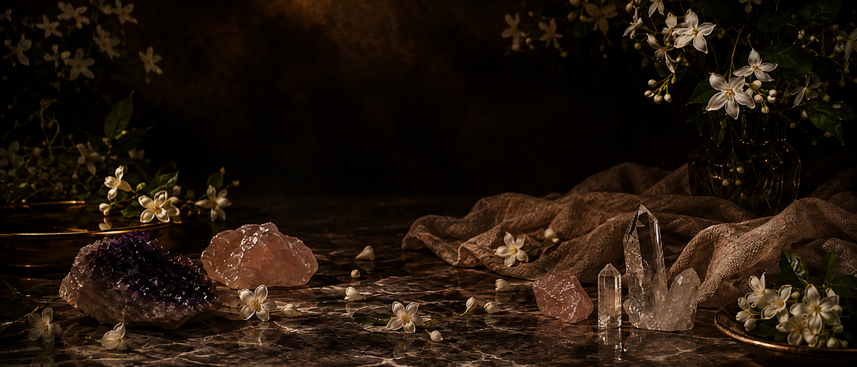 Cristale naturale, flori de iasomie și elemente decorative într-un decor elegant, inspirat de lumânările parfumate Jasmine Garden.