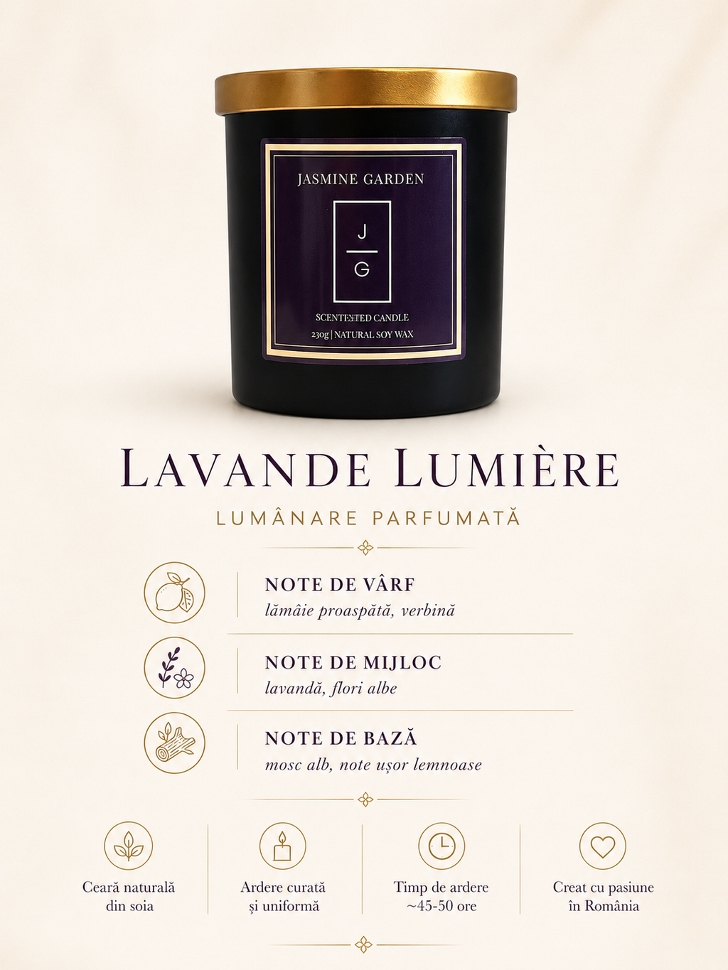 Lumânare parfumată Lavande Lumière Jasmine Garden cu note de lămâie proaspătă, verbină, lavandă, flori albe, mosc alb și note ușor lemnoase.