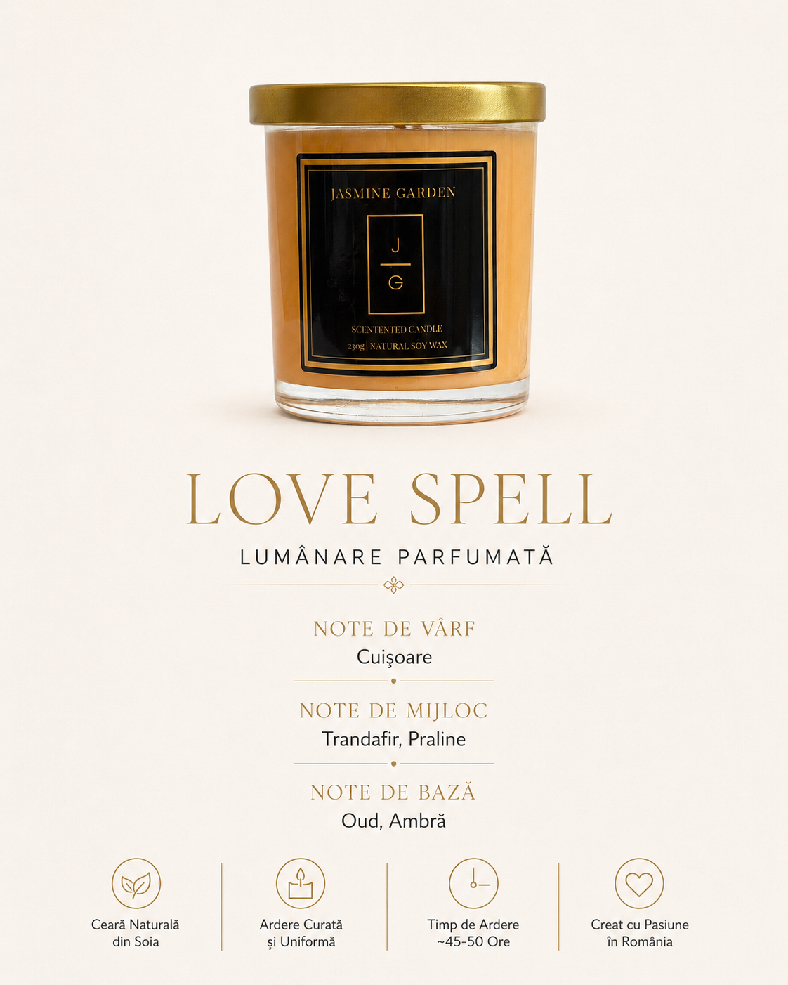Lumânare parfumată Love Spell Jasmine Garden cu note de cuișoare, trandafir, praline, oud și ambră.