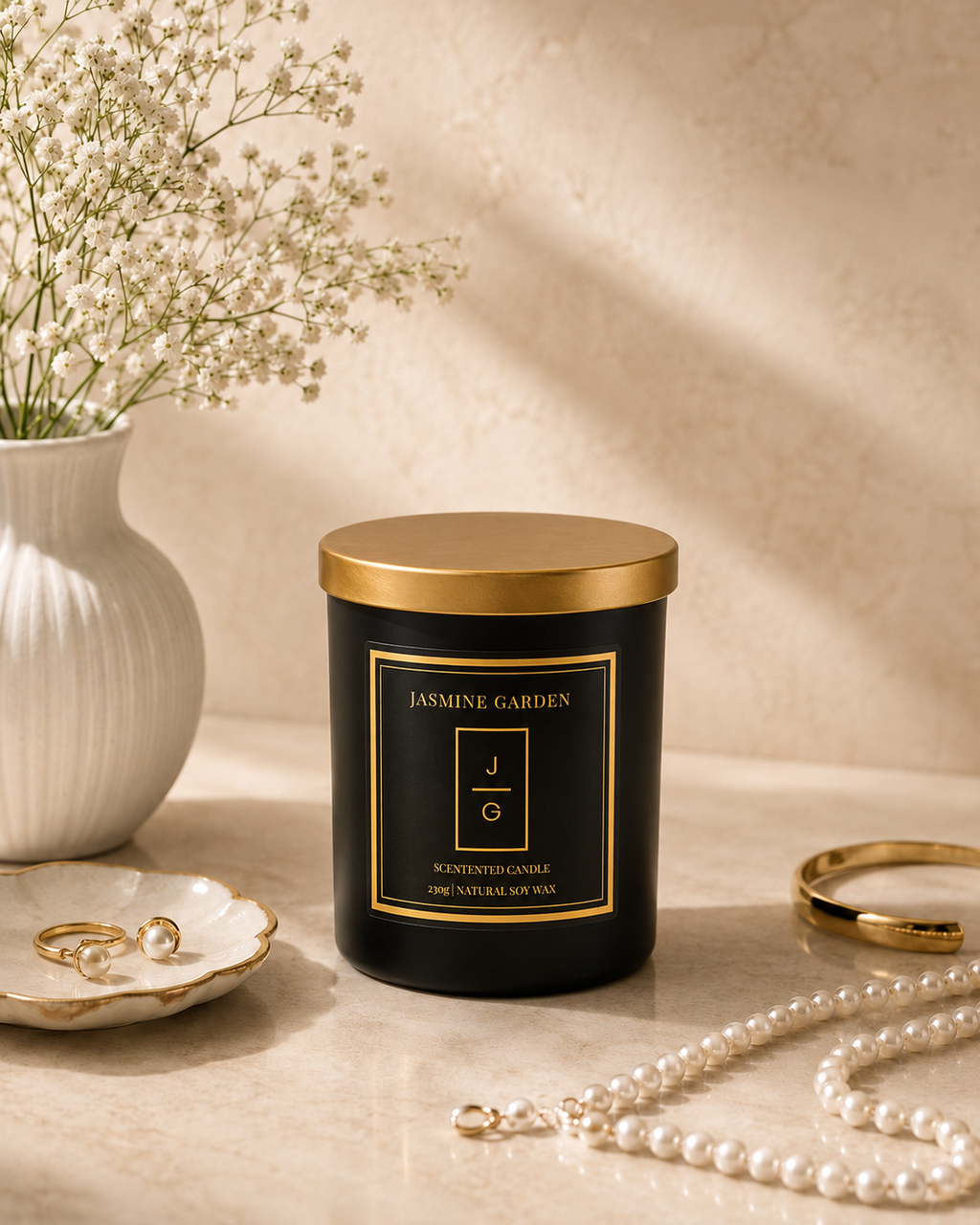 Lumânare parfumată Arabian Nights Jasmine Garden din ceară naturală de soia, într-un decor elegant cu perle, flori albe și accesorii aurii.