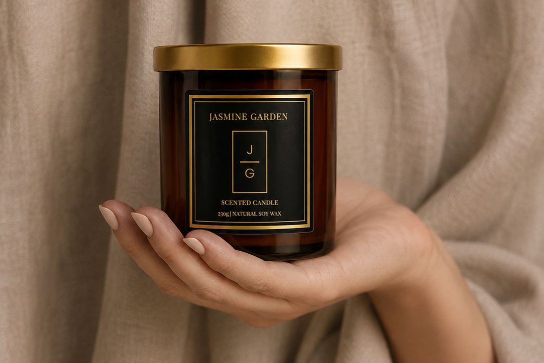 Mână ținând o lumânare parfumată Jasmine Garden din ceară naturală de soia, într-un vizual elegant de brand.