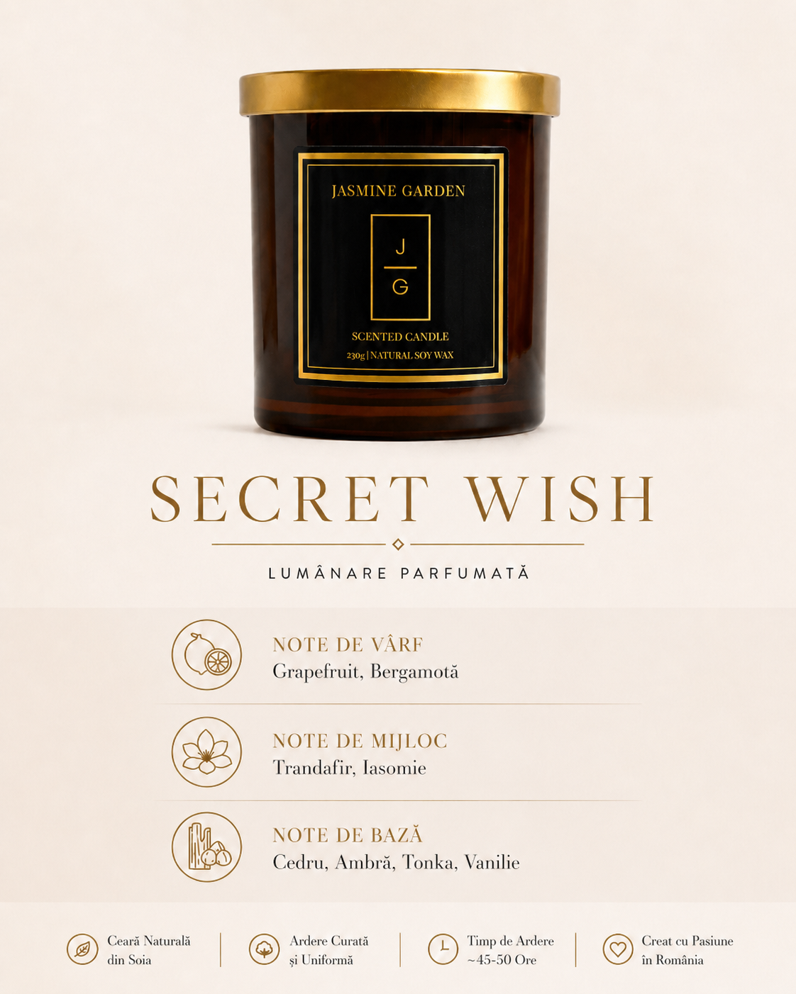 Lumânare parfumată Secret Wish Jasmine Garden cu note de grapefruit, bergamotă, trandafir, iasomie, cedru, ambră, tonka și vanilie.